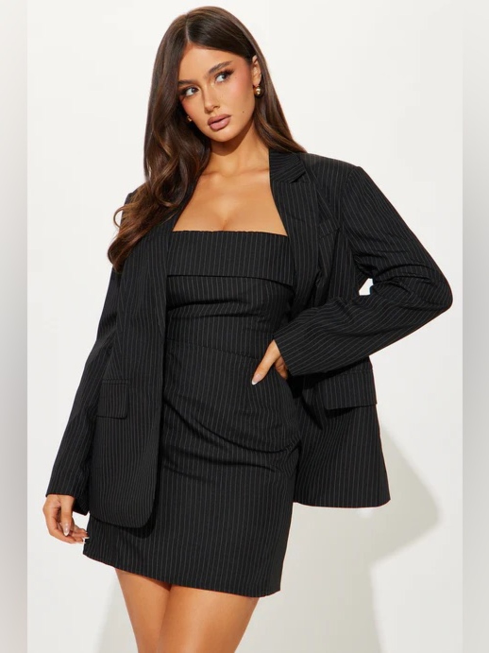 Fashion Nova Pinstripe Black Blazer & Dress Set 1X